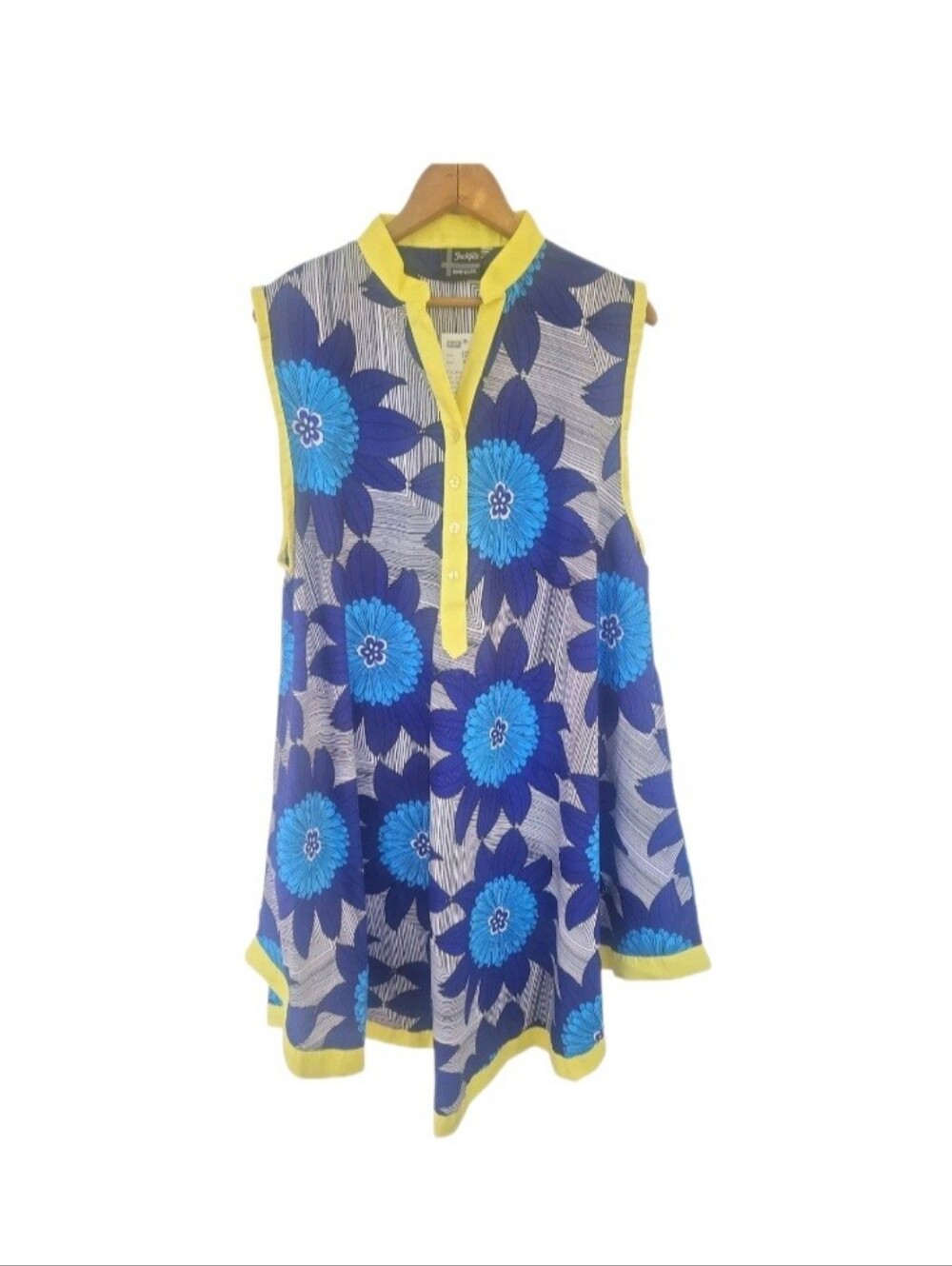 NWT Jackpot Mod Blue & Yellow Floral Caftan Sleeveless  A- Line Dress Free Sized